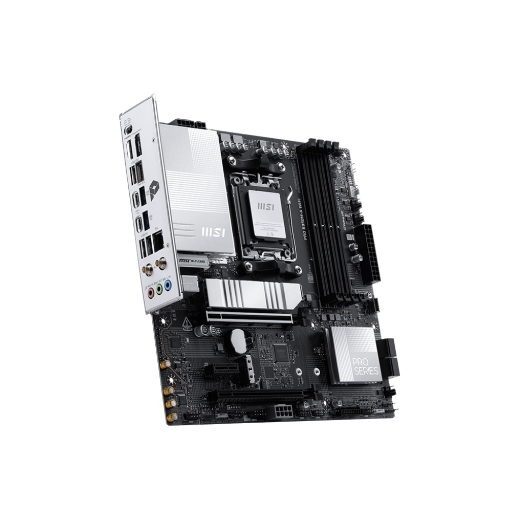 A large main feature product image of MSI PRO B850M-A WiFi AM5 mATX Desktop Motherboard
