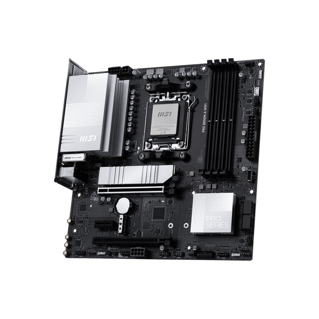 A large main feature product image of MSI PRO B850M-A WiFi AM5 mATX Desktop Motherboard
