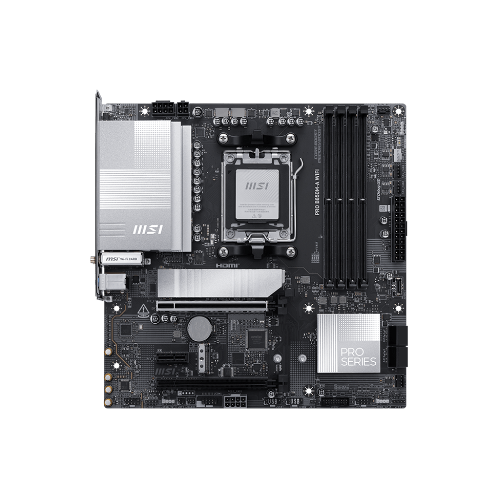 A large main feature product image of MSI PRO B850M-A WiFi AM5 mATX Desktop Motherboard