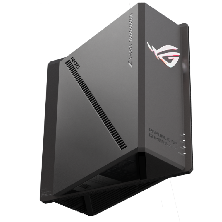 A large main feature product image of ASUS ROG Strix GS-BE18000 Tri-Band WiFi 7 Router