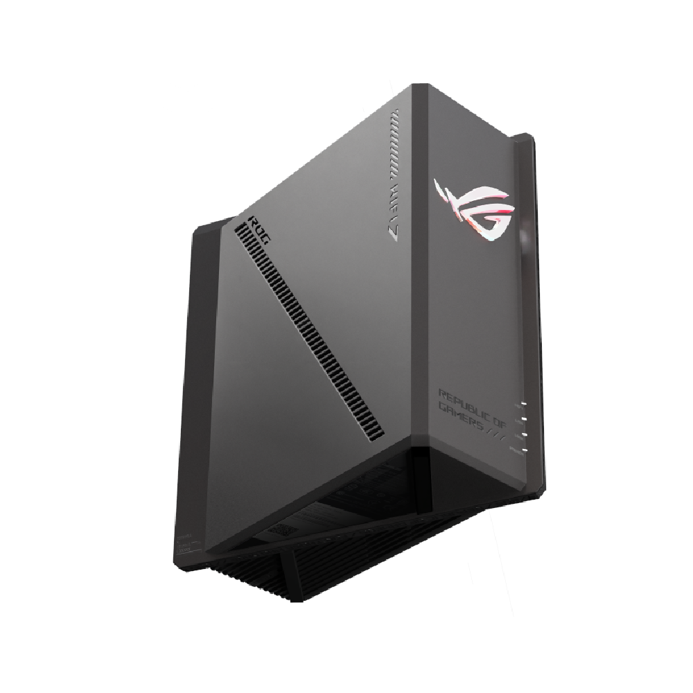 A large main feature product image of ASUS ROG Strix GS-BE18000 Tri-Band WiFi 7 Router