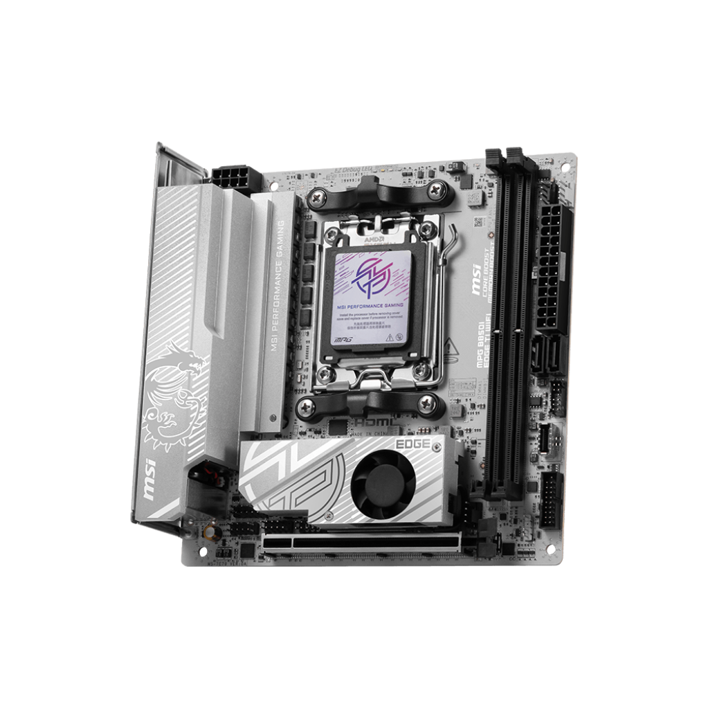 A large main feature product image of MSI MPG B850I Edge Ti WiFi AM5 Mini-ITX Desktop Motherboard