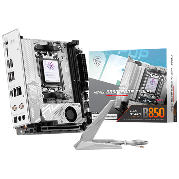 A large main feature product image of MSI MPG B850I Edge Ti WiFi AM5 Mini-ITX Desktop Motherboard