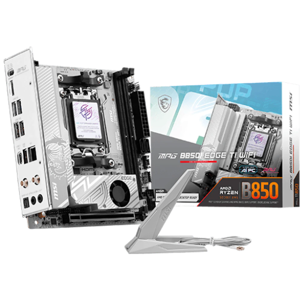 A large main feature product image of MSI MPG B850I Edge Ti WiFi AM5 Mini-ITX Desktop Motherboard