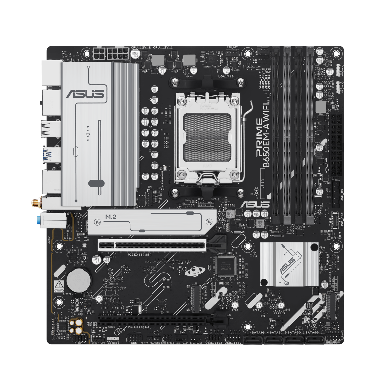 A large main feature product image of ASUS PRIME B650EM-A WiFi AM5 mATX Desktop Motherboard