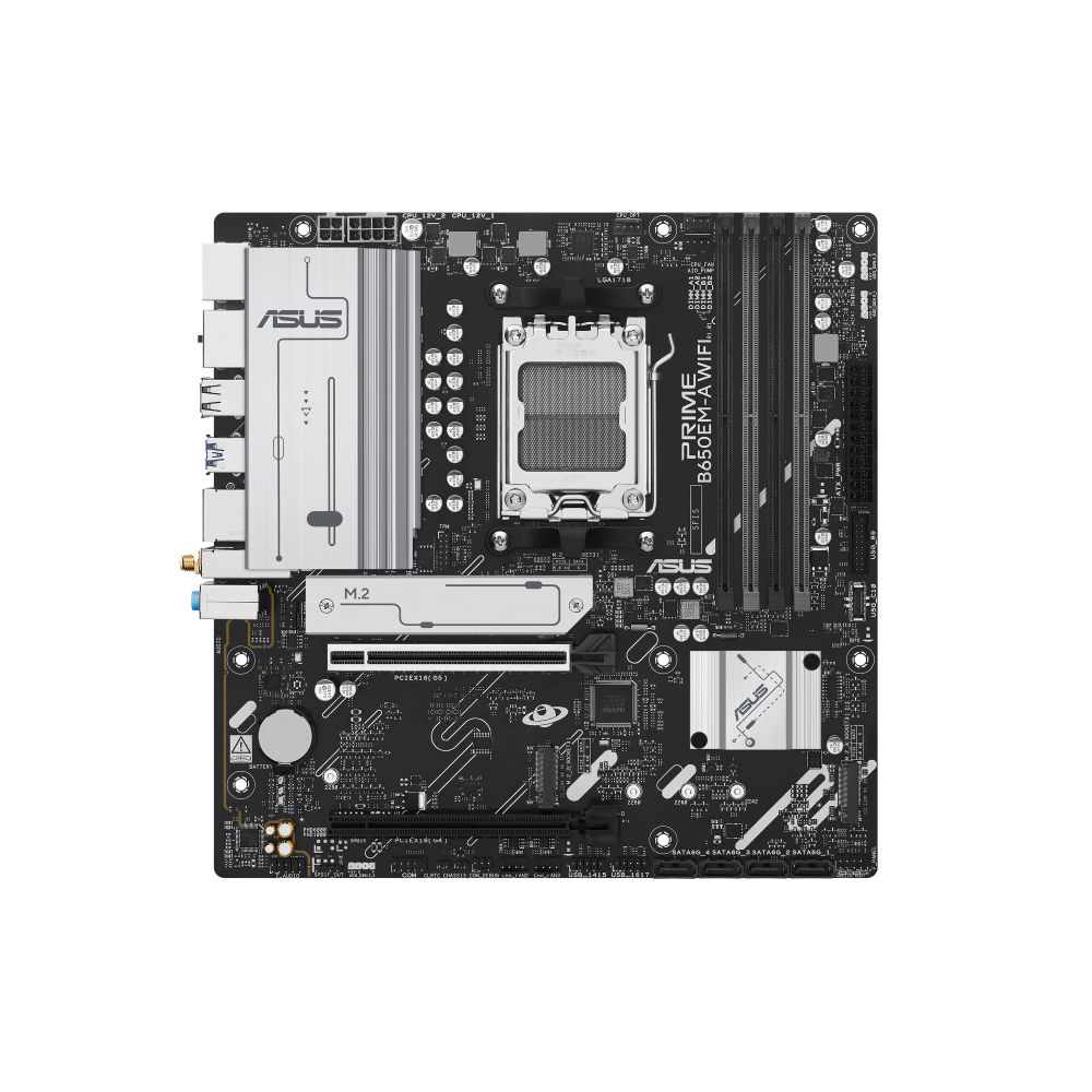A large main feature product image of ASUS PRIME B650EM-A WiFi AM5 mATX Desktop Motherboard