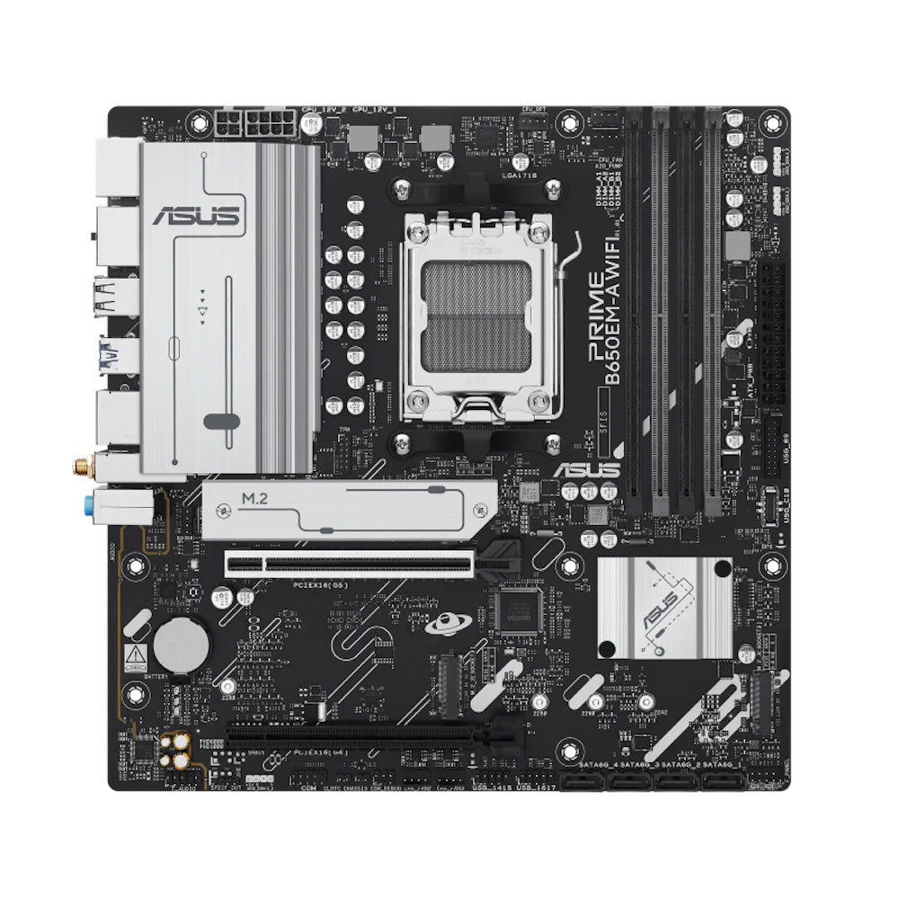 A large main feature product image of ASUS PRIME B650EM-A WiFi AM5 mATX Desktop Motherboard