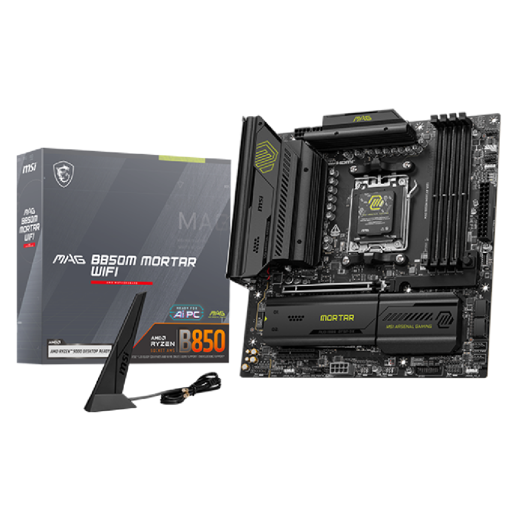 A large main feature product image of MSI MAG B850M Mortar WiFi AM5 mATX Desktop Motherboard