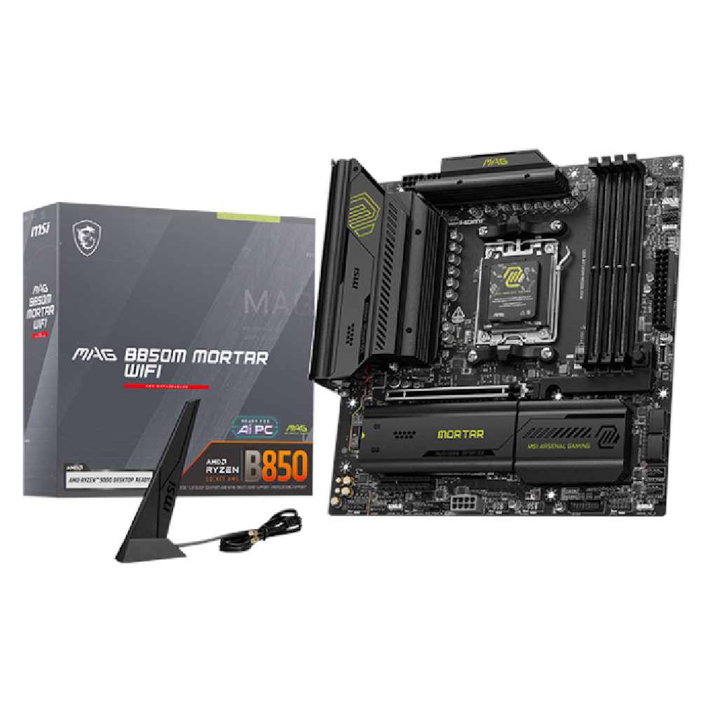 A large main feature product image of MSI MAG B850M Mortar WiFi AM5 mATX Desktop Motherboard