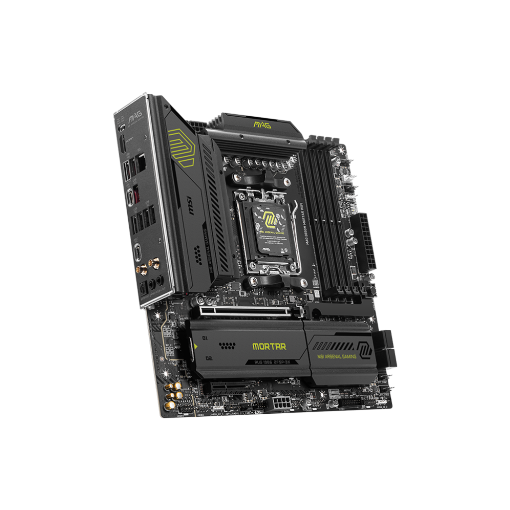 A large main feature product image of MSI MAG B850M Mortar WiFi AM5 mATX Desktop Motherboard