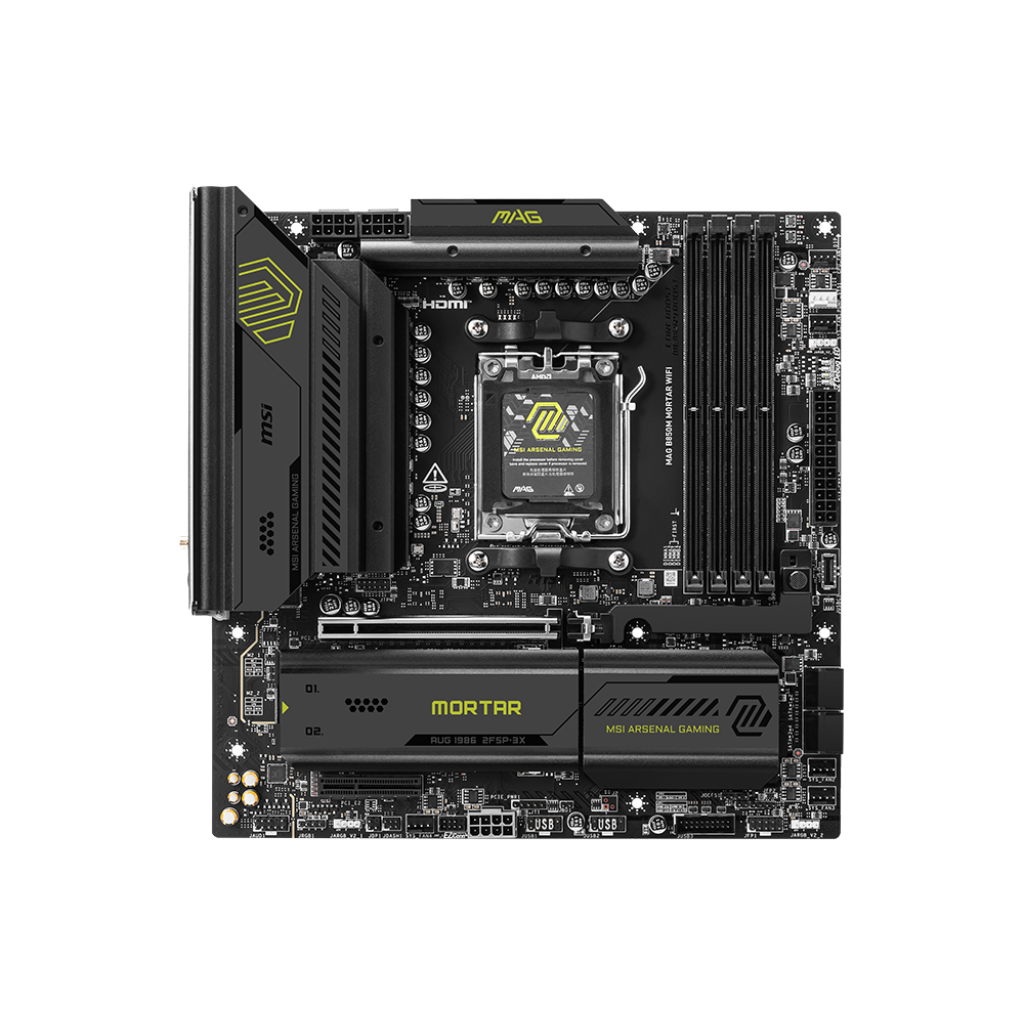 A large main feature product image of MSI MAG B850M Mortar WiFi AM5 mATX Desktop Motherboard
