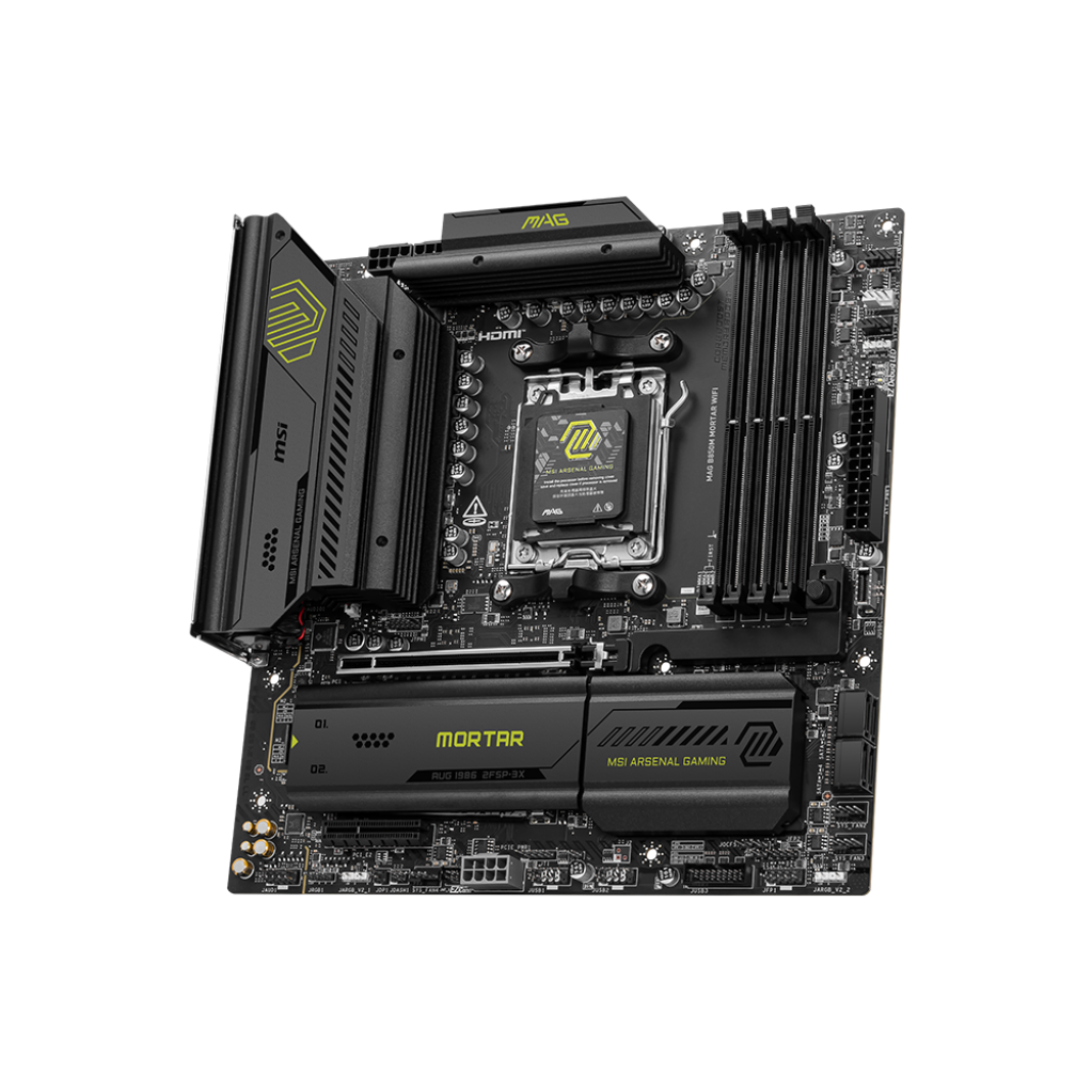 A large main feature product image of MSI MAG B850M Mortar WiFi AM5 mATX Desktop Motherboard