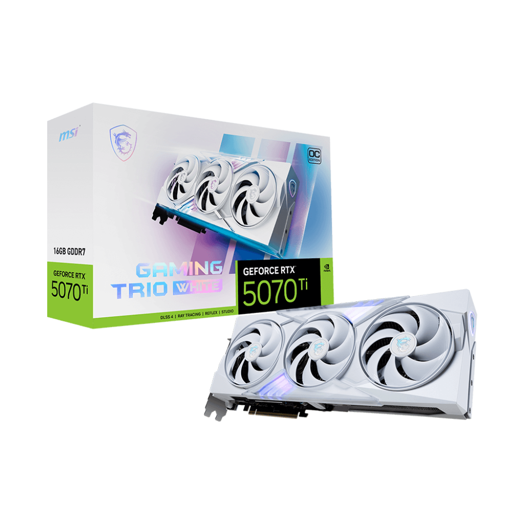 A large main feature product image of MSI GeForce RTX 5070 Ti Gaming Trio OC 16GB GDDR7 - White