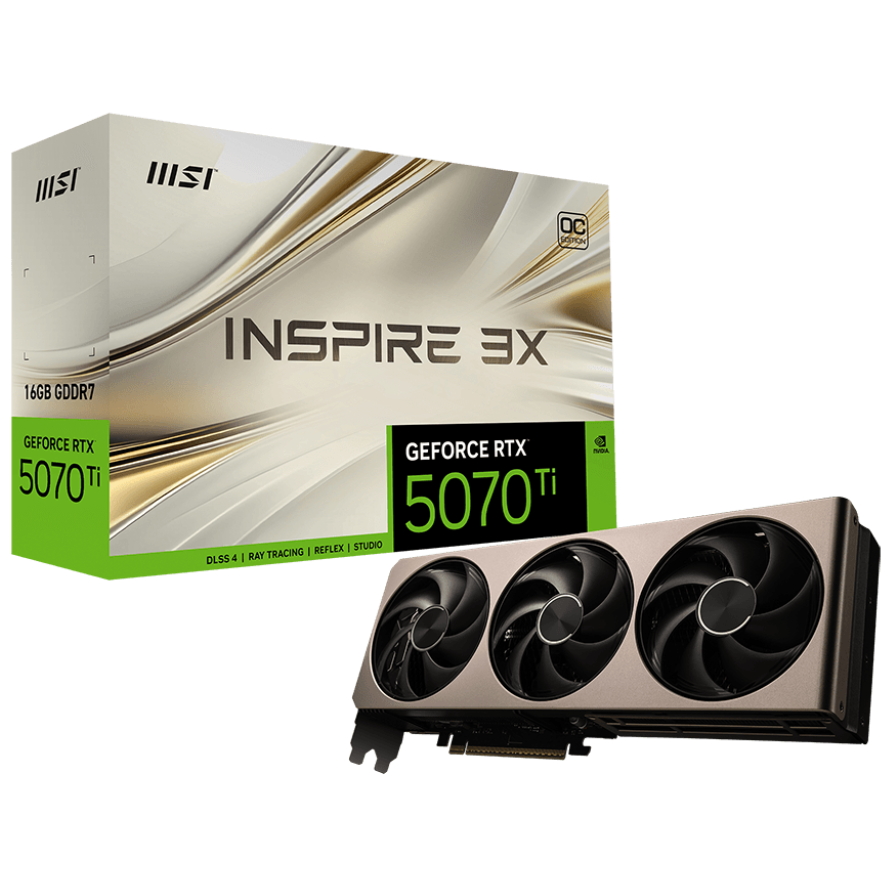 A large main feature product image of MSI GeForce RTX 5070 Ti Inspire 3X OC 16GB GDDR7