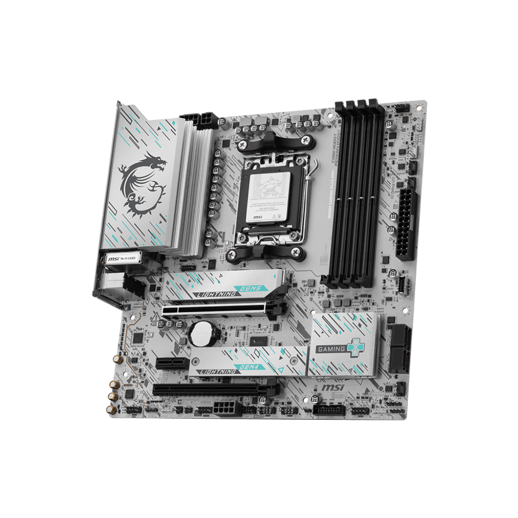 A large main feature product image of MSI B850M Gaming Plus WiFi AM5 mATX Desktop Motherboard
