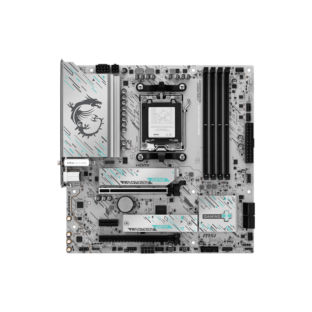 A large main feature product image of MSI B850M Gaming Plus WiFi AM5 mATX Desktop Motherboard