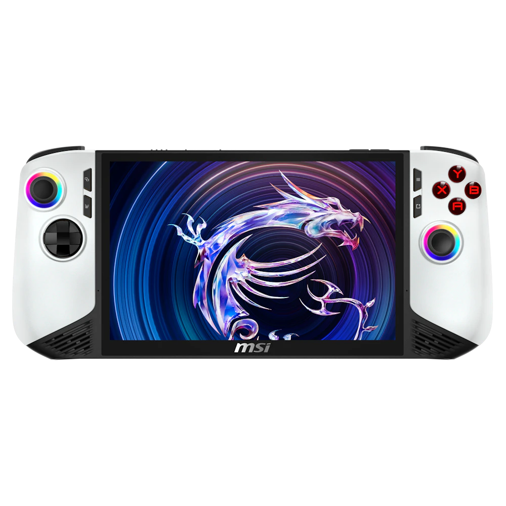 A large main feature product image of MSI Claw 8 AI+ (A2VM) - 8" 120Hz, Core Ultra 7 258V, 32GB/2TB - Win 11 Gaming Handheld (Polar Tempest Edition)