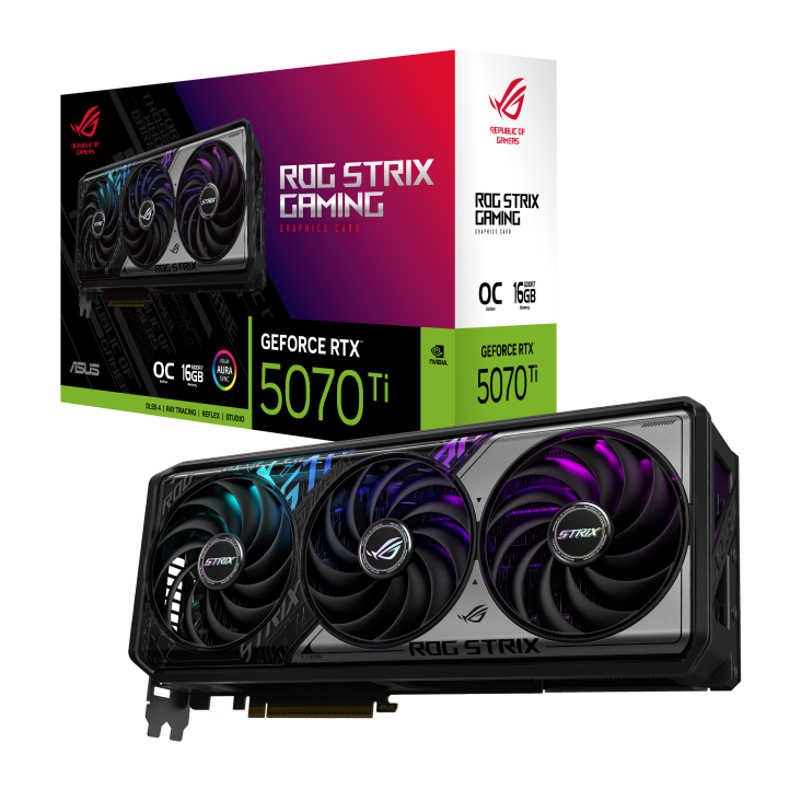 A large main feature product image of ASUS GeForce RTX 5070 Ti ROG Strix OC 16GB GDDR7