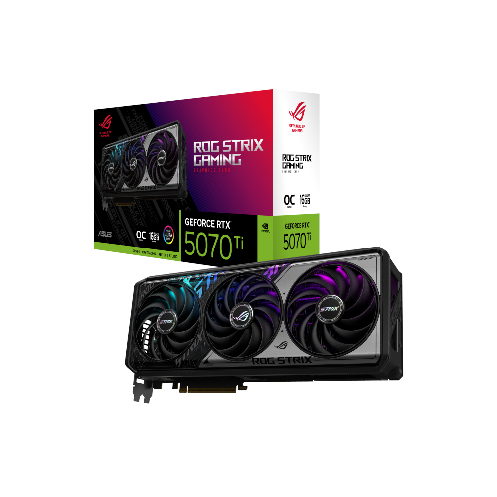 A large main feature product image of ASUS GeForce RTX 5070 Ti ROG Strix OC 16GB GDDR7