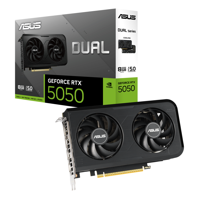 A large main feature product image of ASUS GeForce RTX 5050 Dual 8GB GDDR6