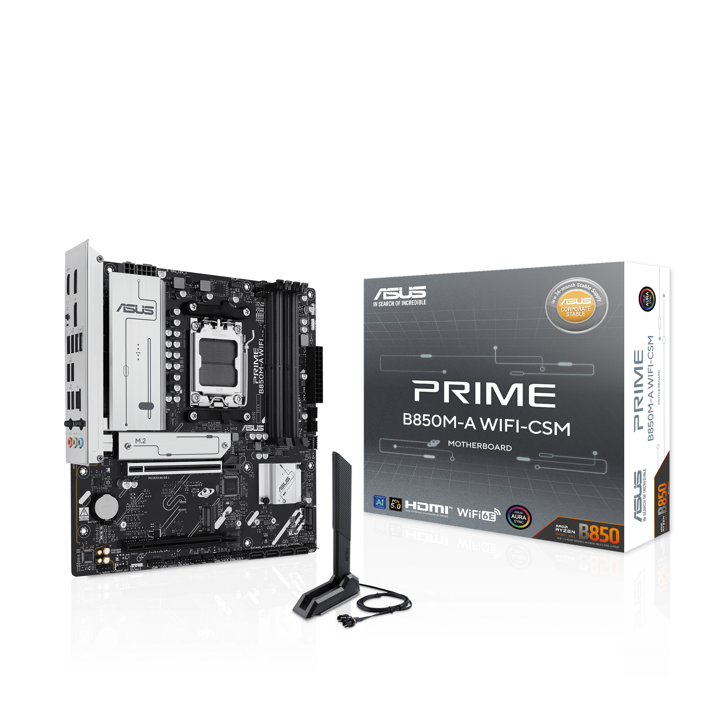 A large main feature product image of  ASUS PRIME B850M-A WiFi-CSM AM5 mATX Desktop Motherboard
