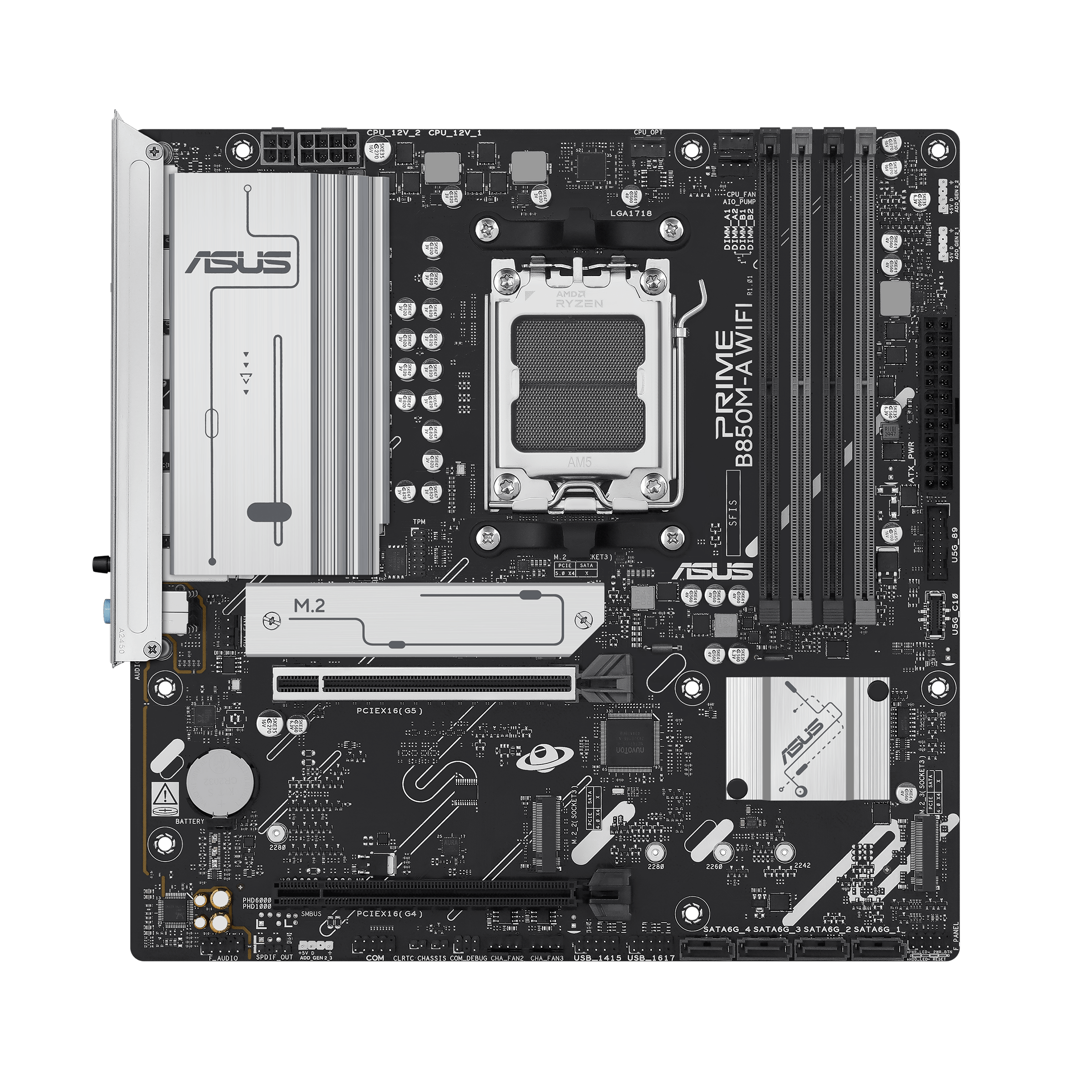 A large main feature product image of  ASUS PRIME B850M-A WiFi-CSM AM5 mATX Desktop Motherboard