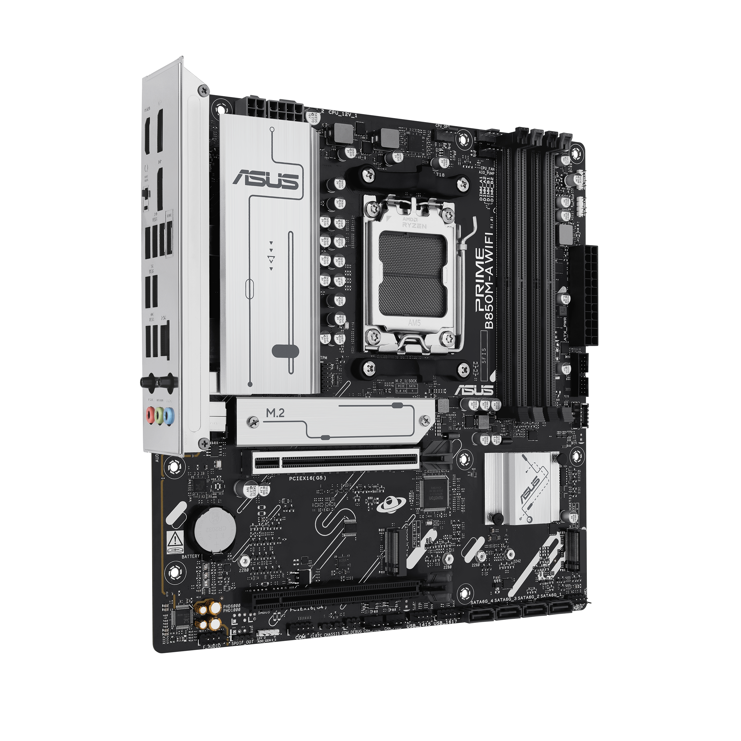 A large main feature product image of  ASUS PRIME B850M-A WiFi-CSM AM5 mATX Desktop Motherboard