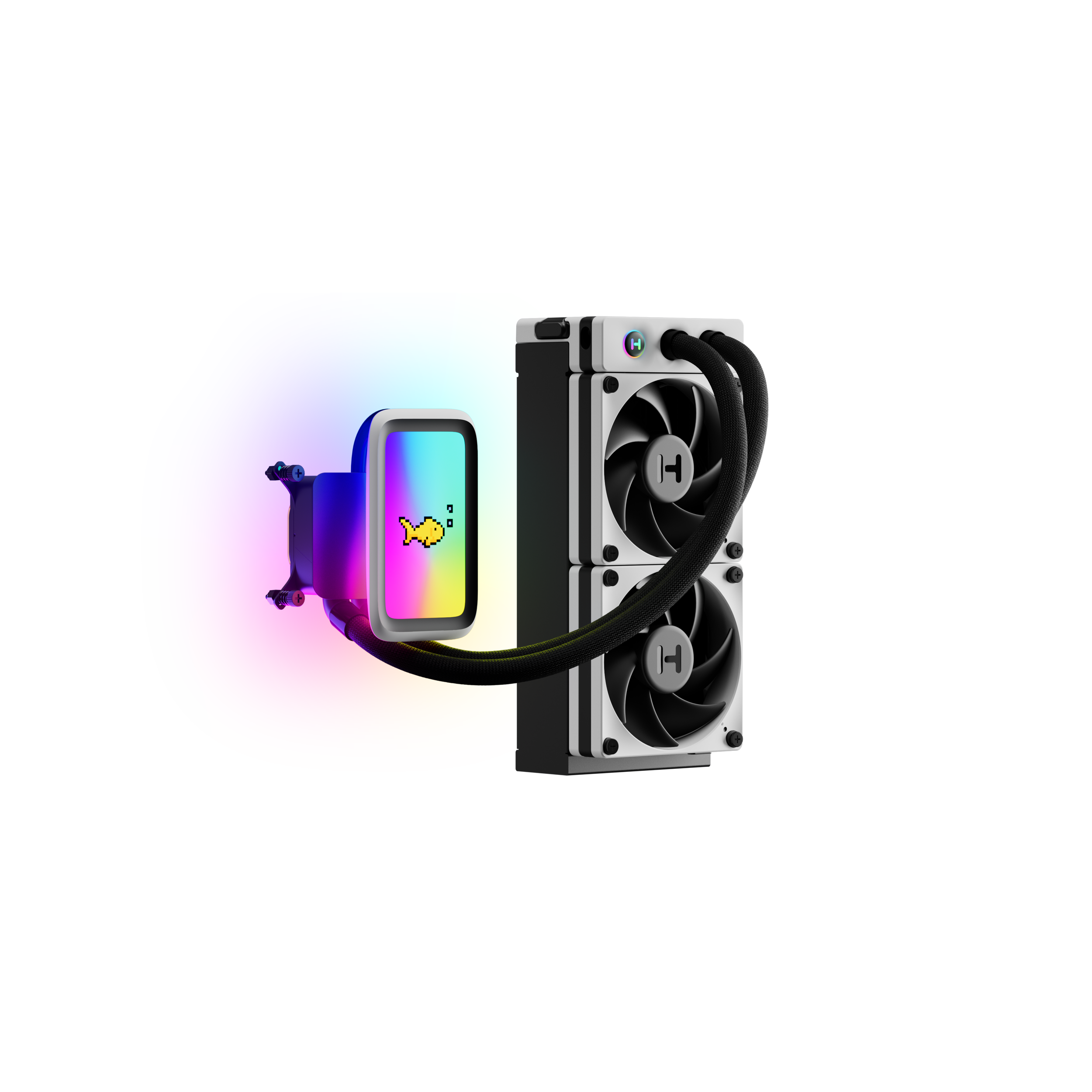 A large main feature product image of HYTE THICC Q60 240mm LCD AIO Liquid CPU Cooler