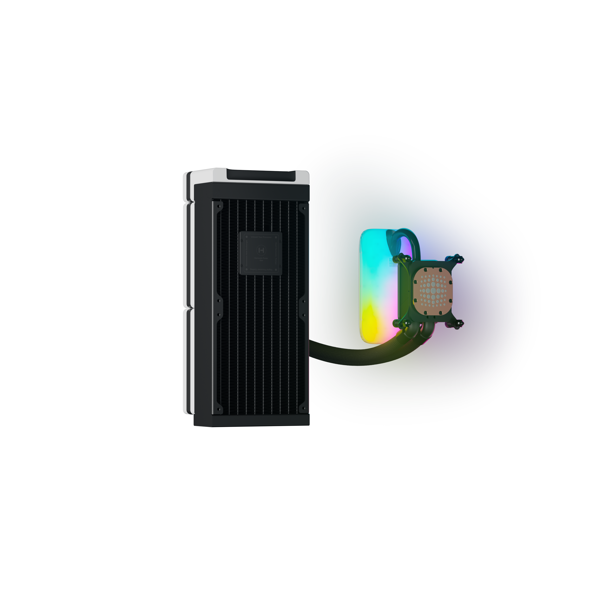 A large main feature product image of HYTE THICC Q60 240mm LCD AIO Liquid CPU Cooler