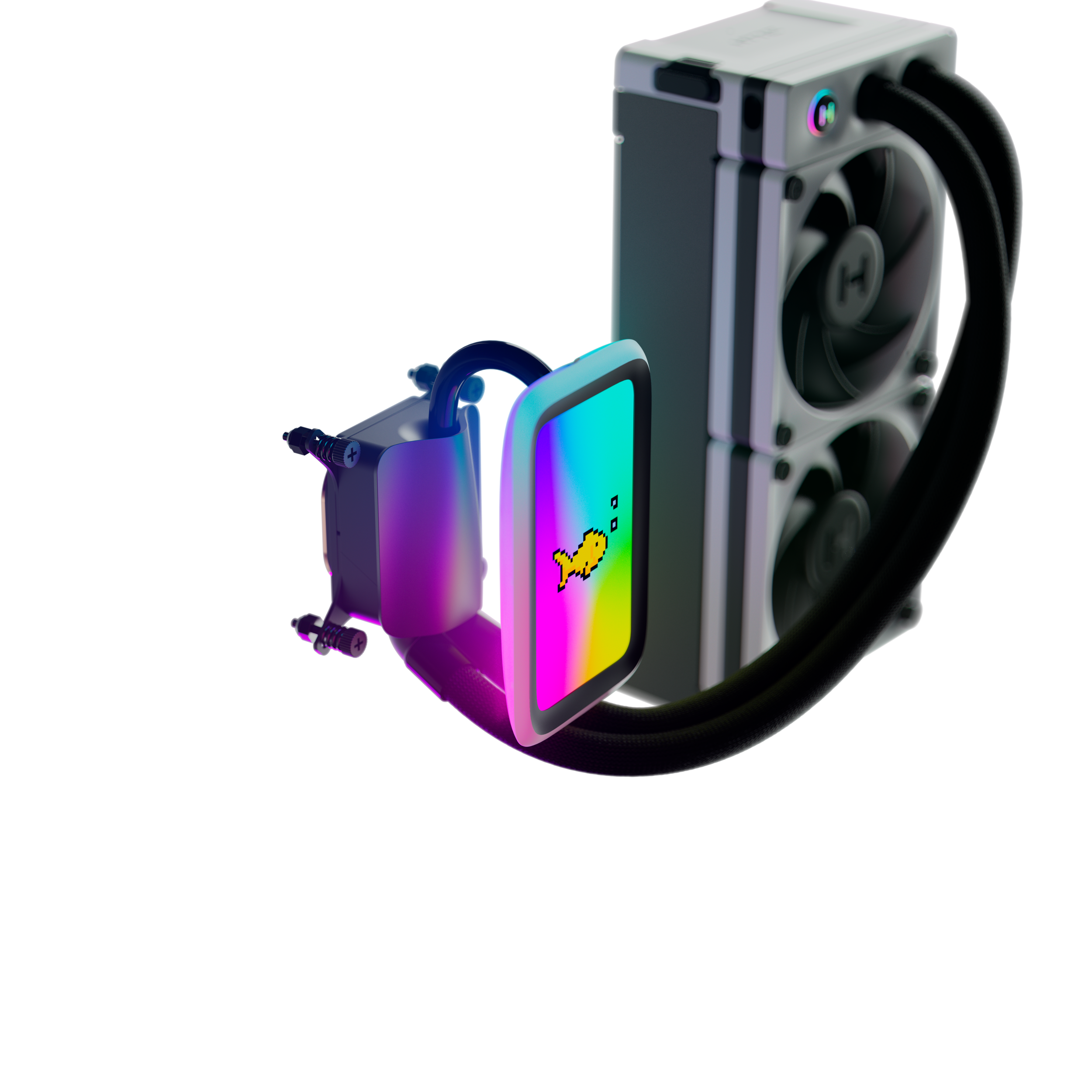 A large main feature product image of HYTE THICC Q60 240mm LCD AIO Liquid CPU Cooler