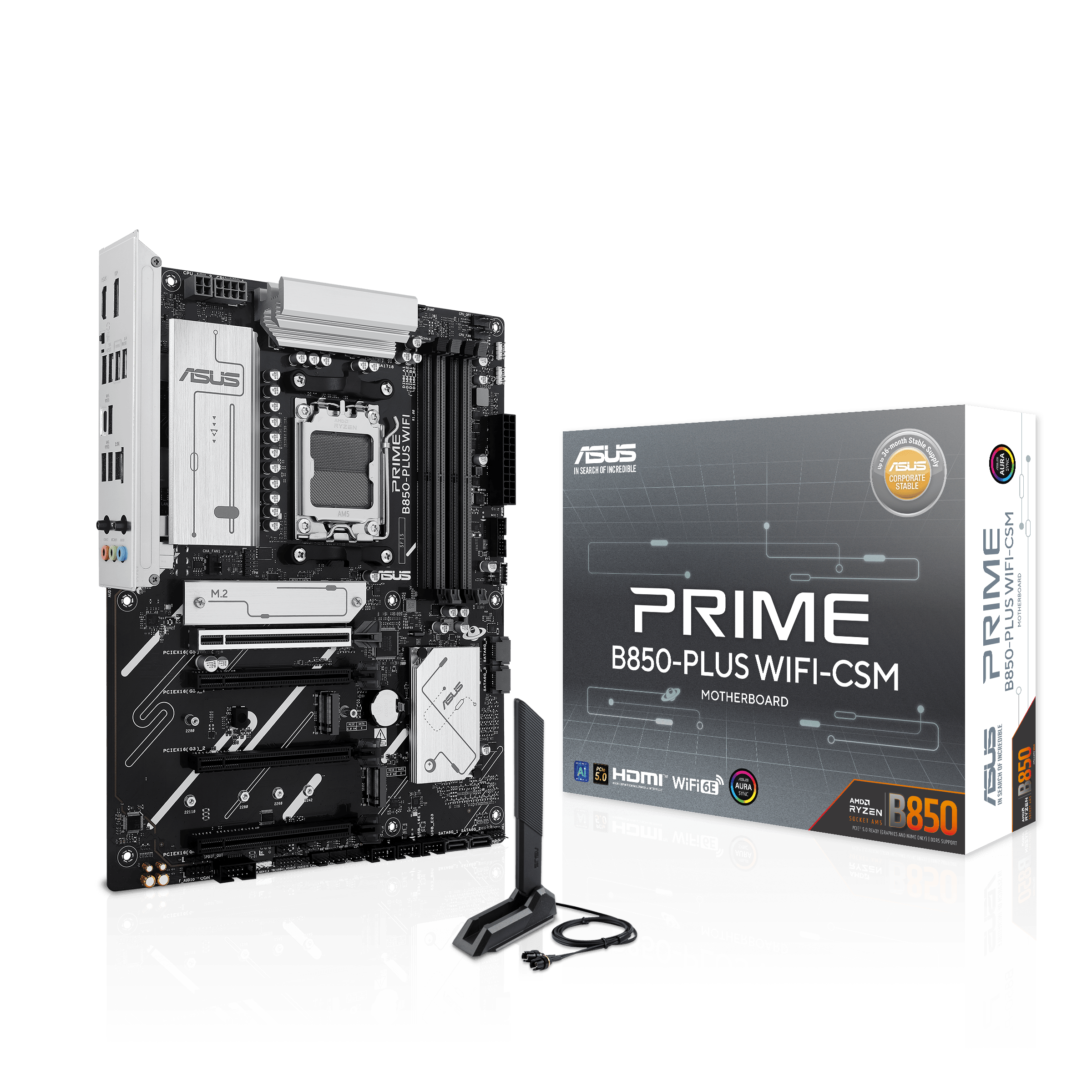 A large main feature product image of ASUS PRIME B850-Plus WiFi-CSM AM5 ATX Desktop Motherboard