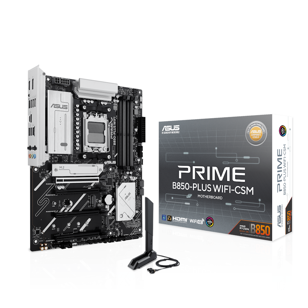 A large main feature product image of ASUS PRIME B850-Plus WiFi-CSM AM5 ATX Desktop Motherboard
