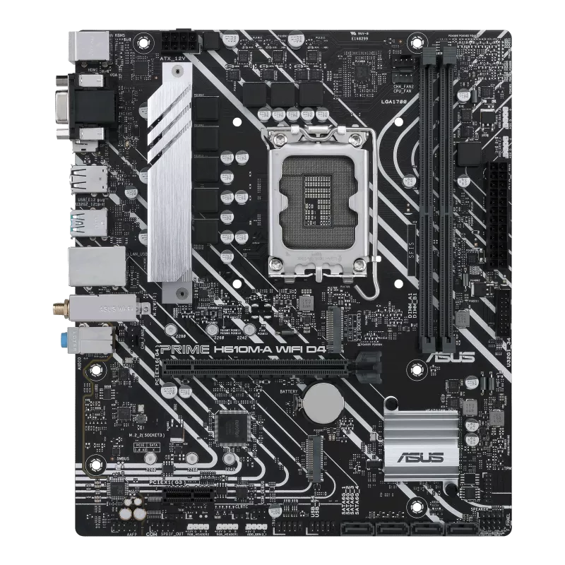 A large main feature product image of ASUS PRIME H610M-A WiFi D4 CSM DDR4 LGA1700 mATX Desktop Motherboard