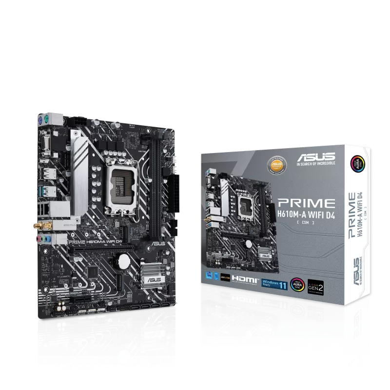 A large main feature product image of ASUS PRIME H610M-A WiFi D4 CSM DDR4 LGA1700 mATX Desktop Motherboard
