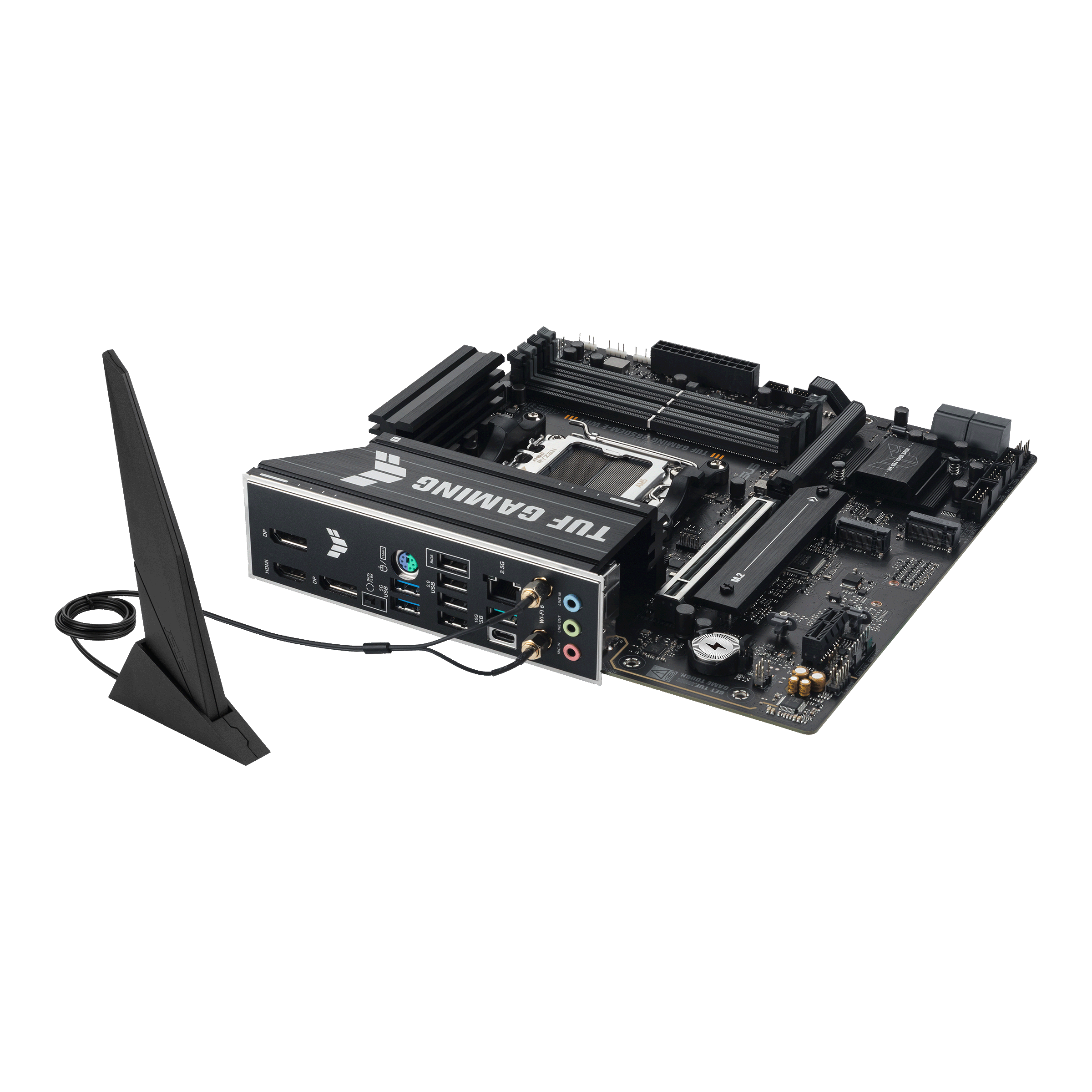 A large main feature product image of ASUS TUF Gaming B650EM-E WIFI AM5 mATX Desktop Motherboard