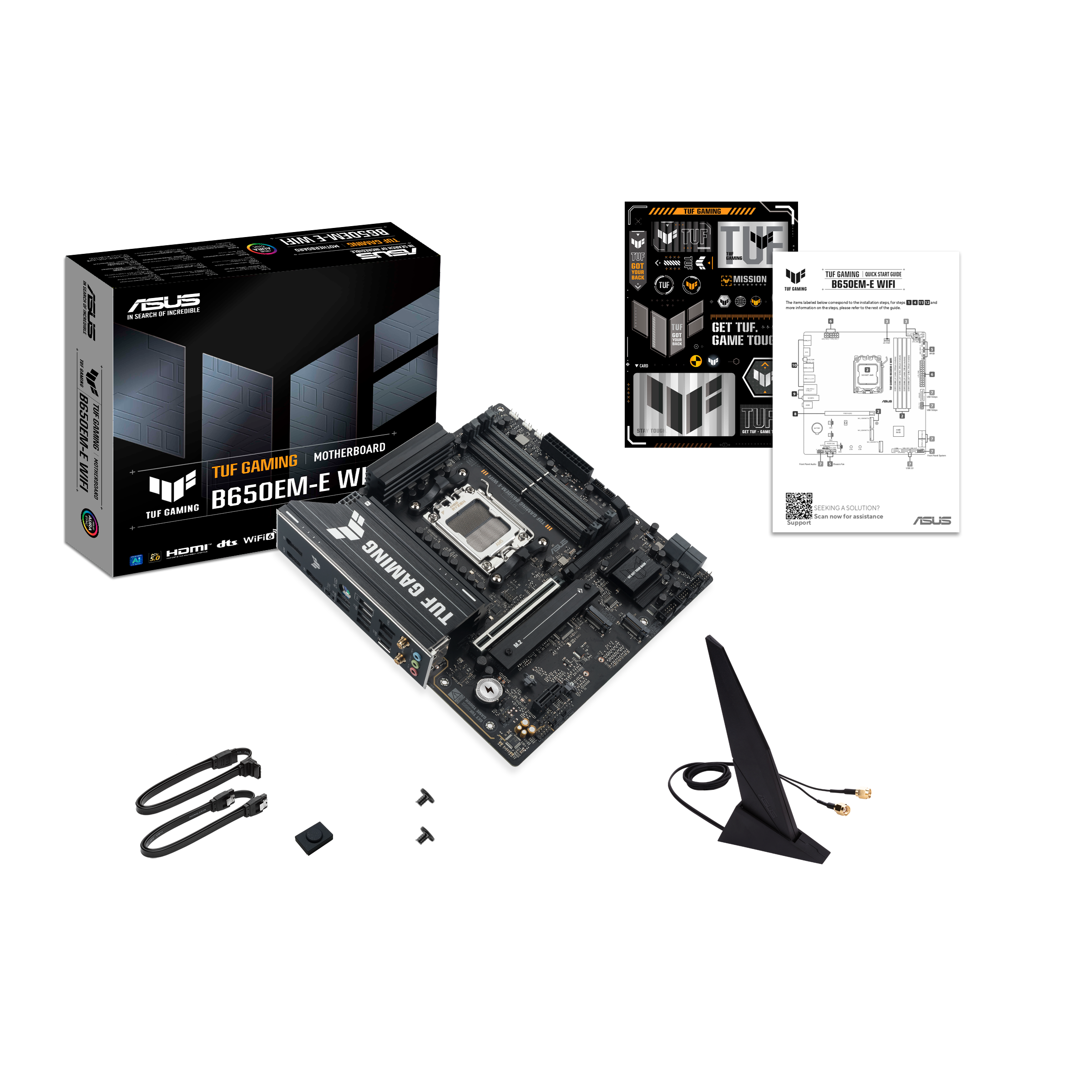 A large main feature product image of ASUS TUF Gaming B650EM-E WIFI AM5 mATX Desktop Motherboard