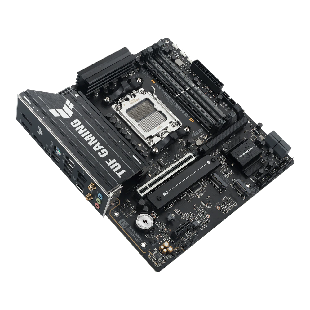 A large main feature product image of ASUS TUF Gaming B650EM-E WIFI AM5 mATX Desktop Motherboard