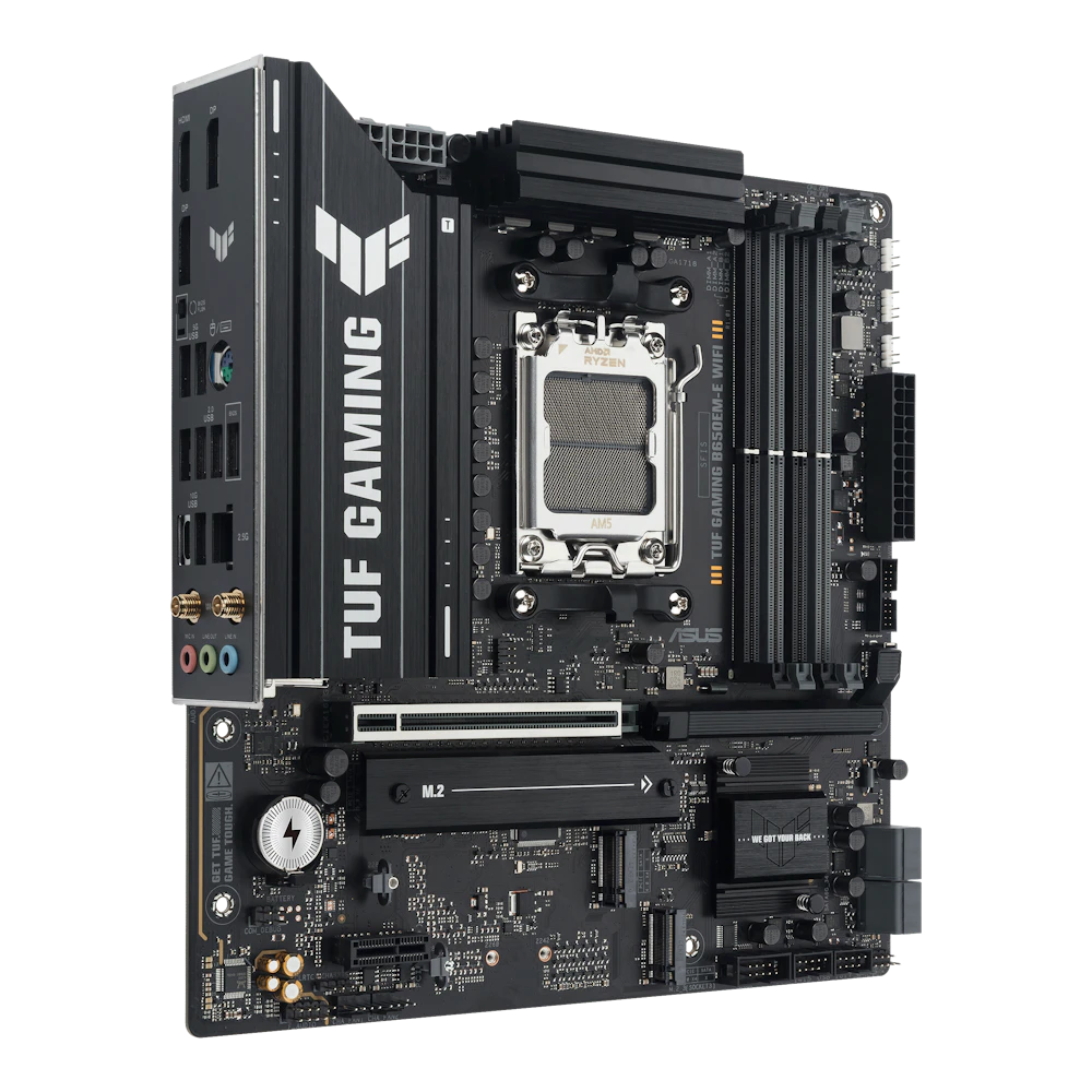 A large main feature product image of ASUS TUF Gaming B650EM-E WIFI AM5 mATX Desktop Motherboard