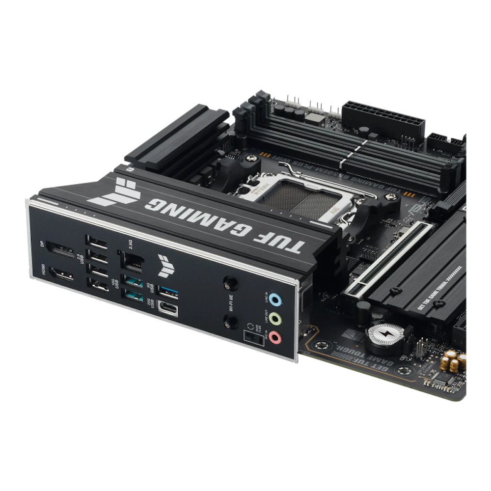 A large main feature product image of ASUS TUF Gaming B650EM-Plus WiFi AM5 mATX Desktop Motherboard