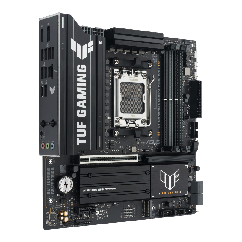 A large main feature product image of ASUS TUF Gaming B650EM-Plus WiFi AM5 mATX Desktop Motherboard