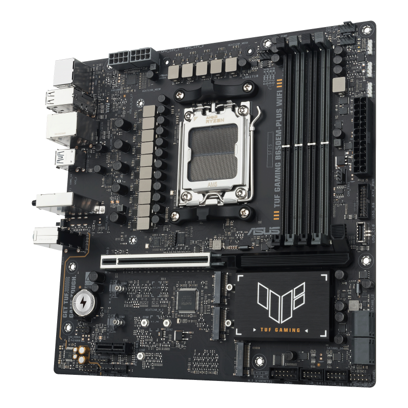 A large main feature product image of ASUS TUF Gaming B650EM-Plus WiFi AM5 mATX Desktop Motherboard