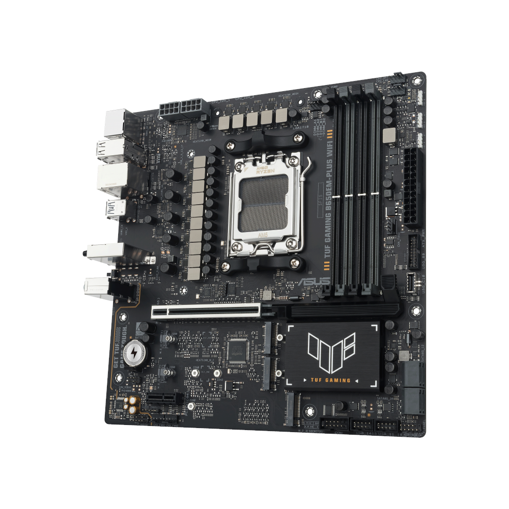 A large main feature product image of ASUS TUF Gaming B650EM-Plus WiFi AM5 mATX Desktop Motherboard
