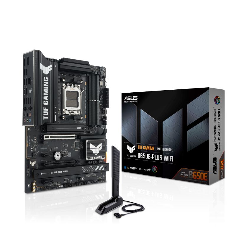A large main feature product image of ASUS TUF Gaming B650E-Plus WiFi AM5 ATX Desktop Motherboard