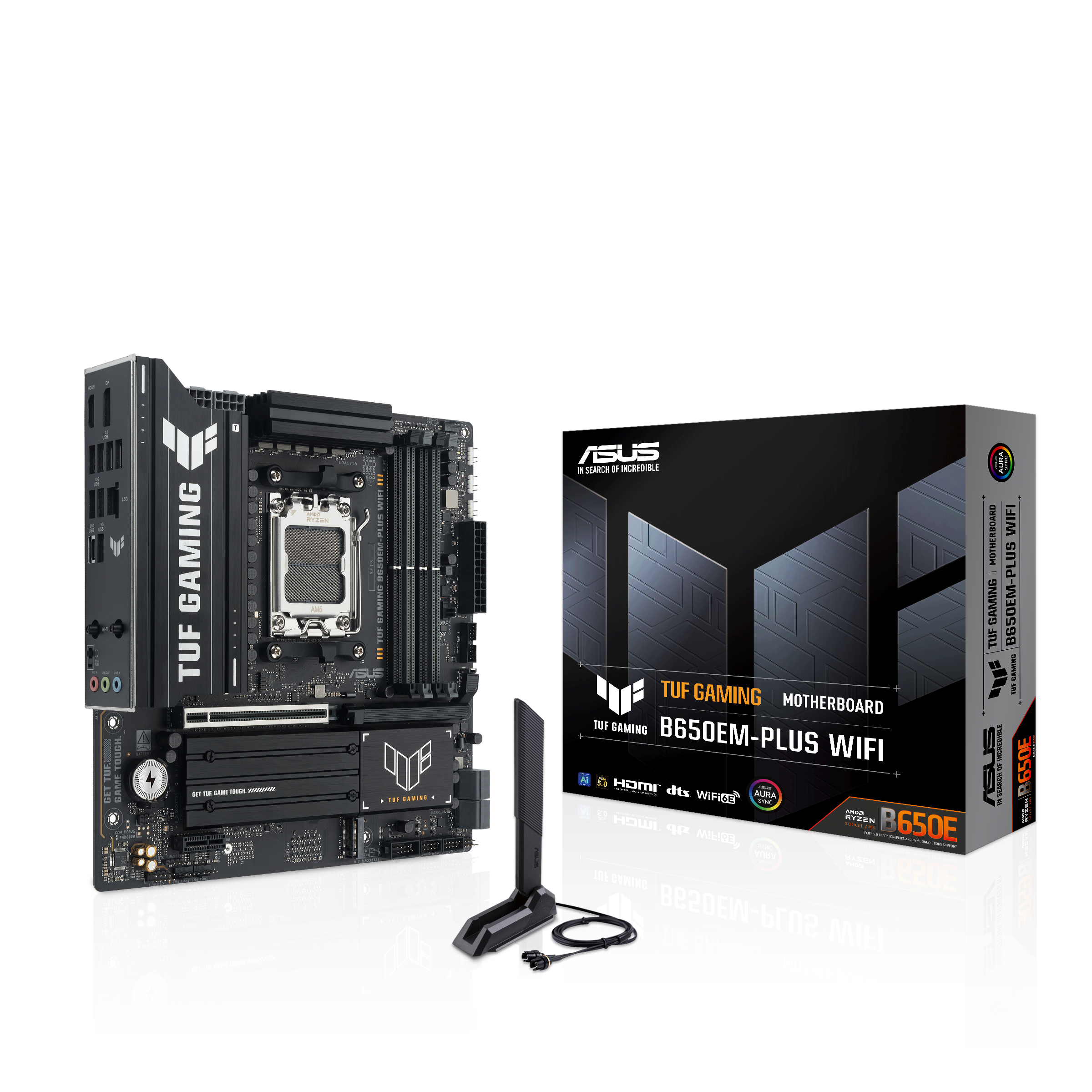 A large main feature product image of ASUS TUF Gaming B650EM-Plus WiFi AM5 mATX Desktop Motherboard