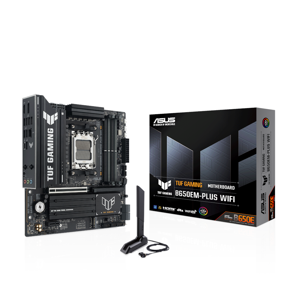 A large main feature product image of ASUS TUF Gaming B650EM-Plus WiFi AM5 mATX Desktop Motherboard
