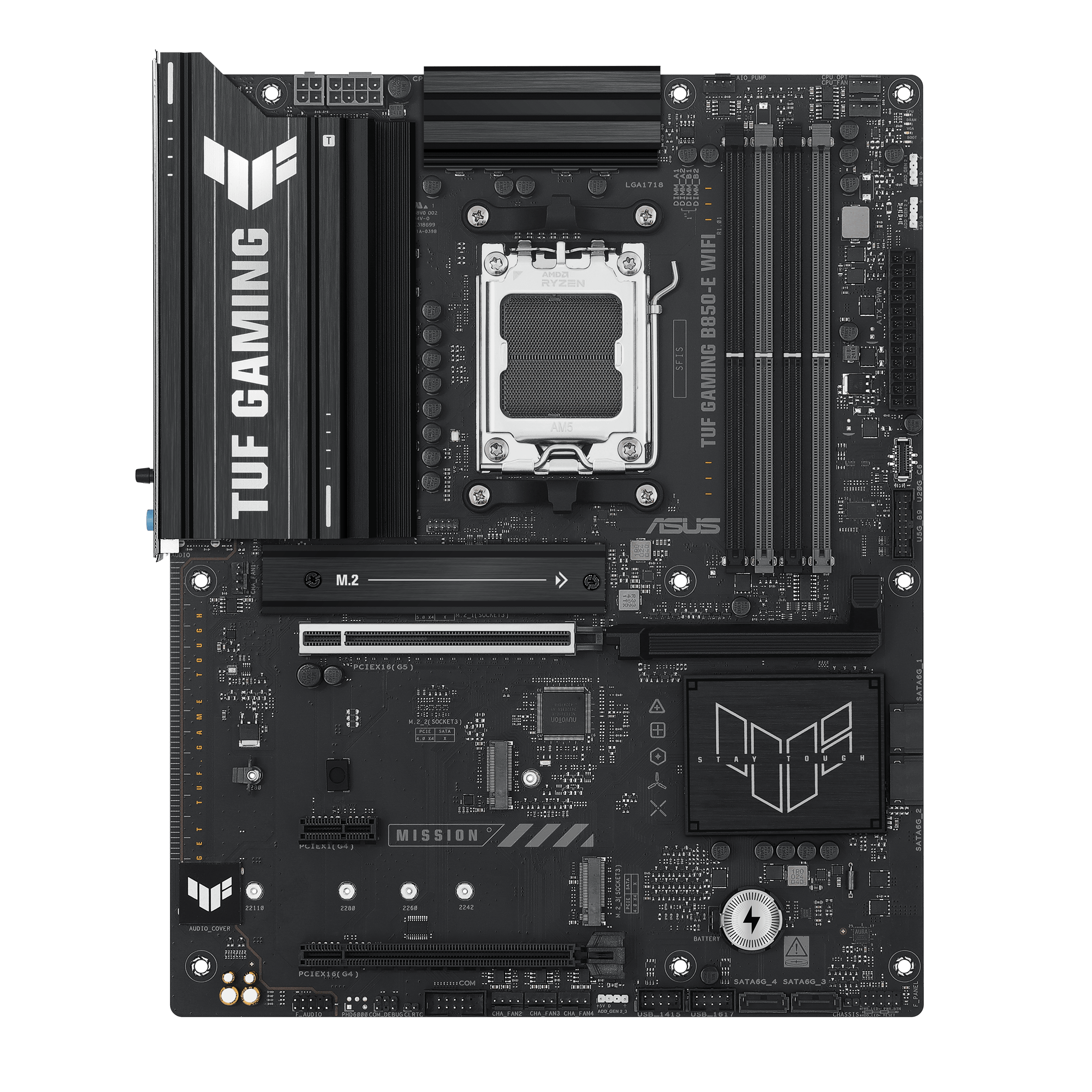 A large main feature product image of ASUS TUF GAMING B850-E WiFi AM5 ATX Desktop Motherboard