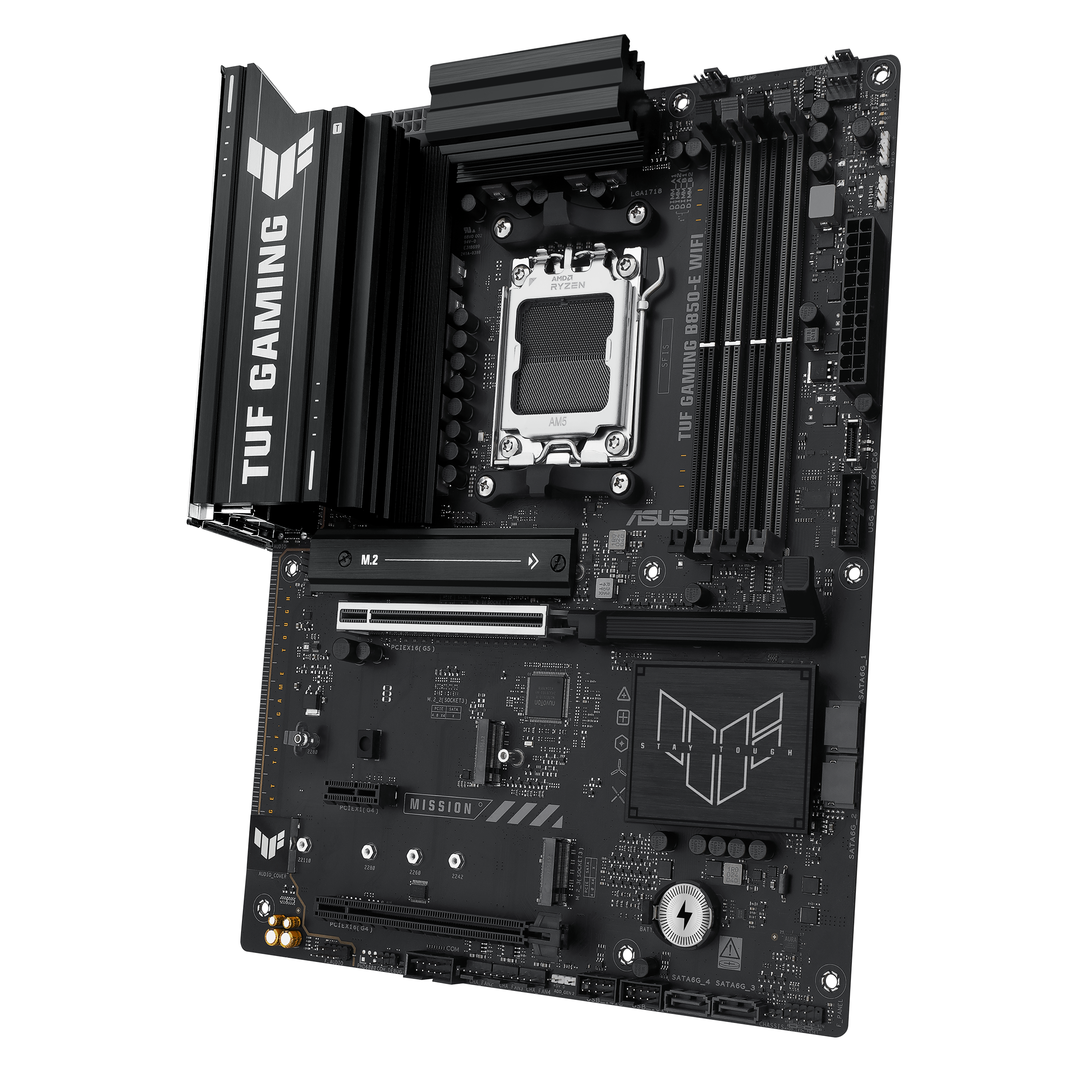 A large main feature product image of ASUS TUF GAMING B850-E WiFi AM5 ATX Desktop Motherboard