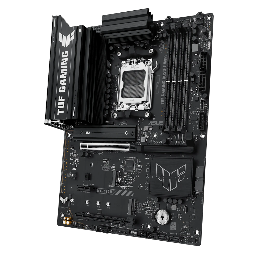 A large main feature product image of ASUS TUF GAMING B850-E WiFi AM5 ATX Desktop Motherboard