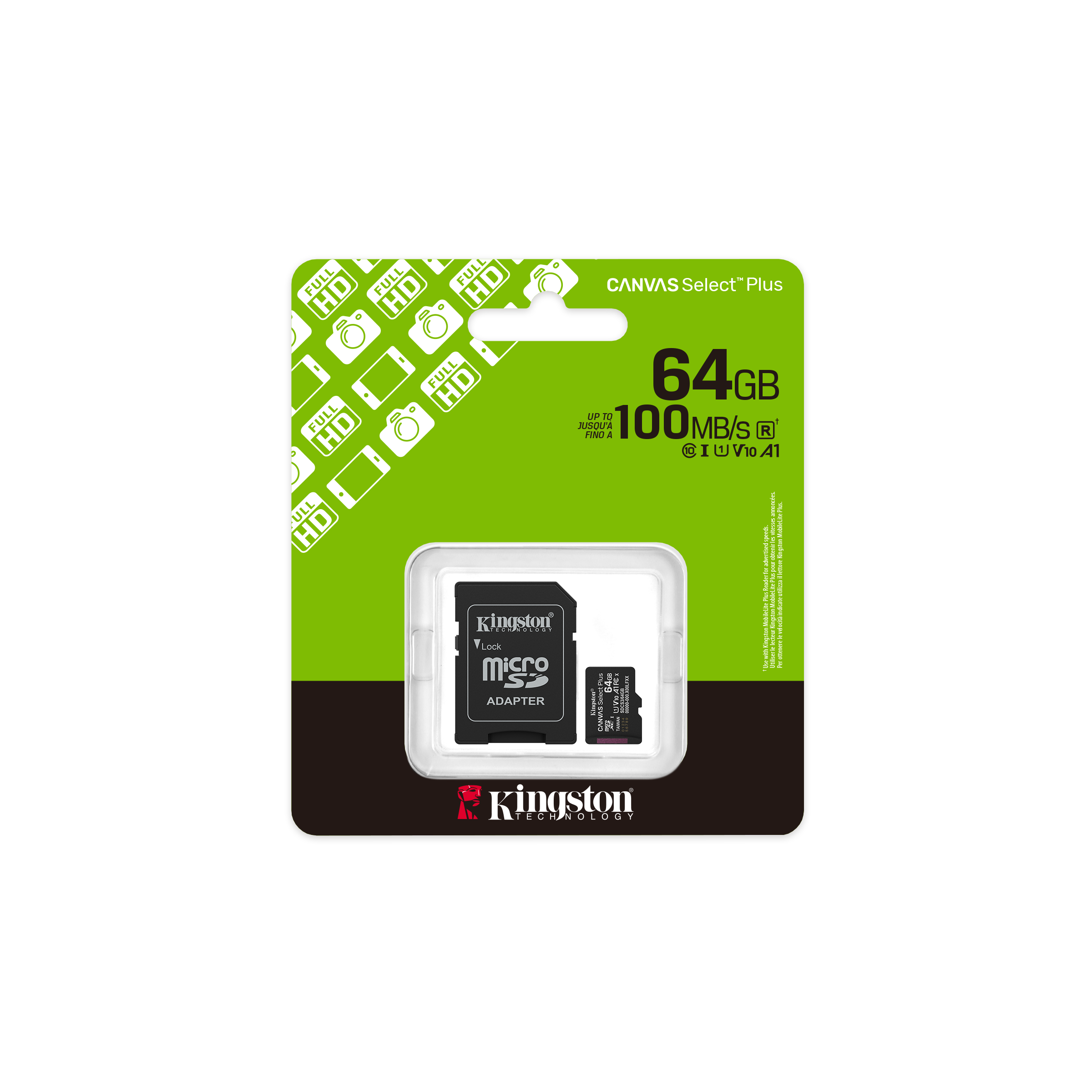 A large main feature product image of Kingston Canvas Select Plus 64GB microSDXC U1 V10 A1 UHS-1 microSD Card