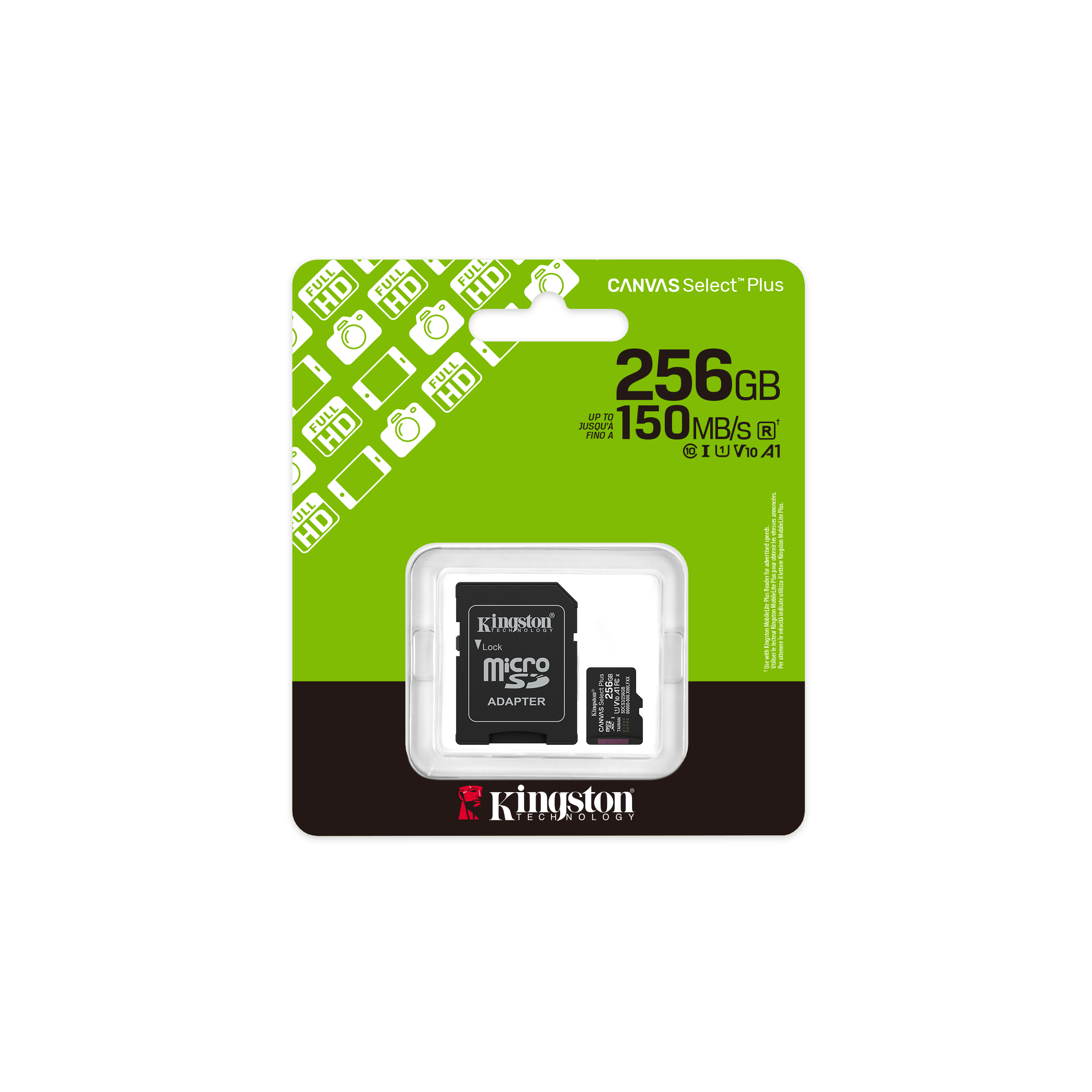 A large main feature product image of Kingston Canvas Select Plus 256GB microSDXC U1 V10 A1 UHS-1 microSD Card